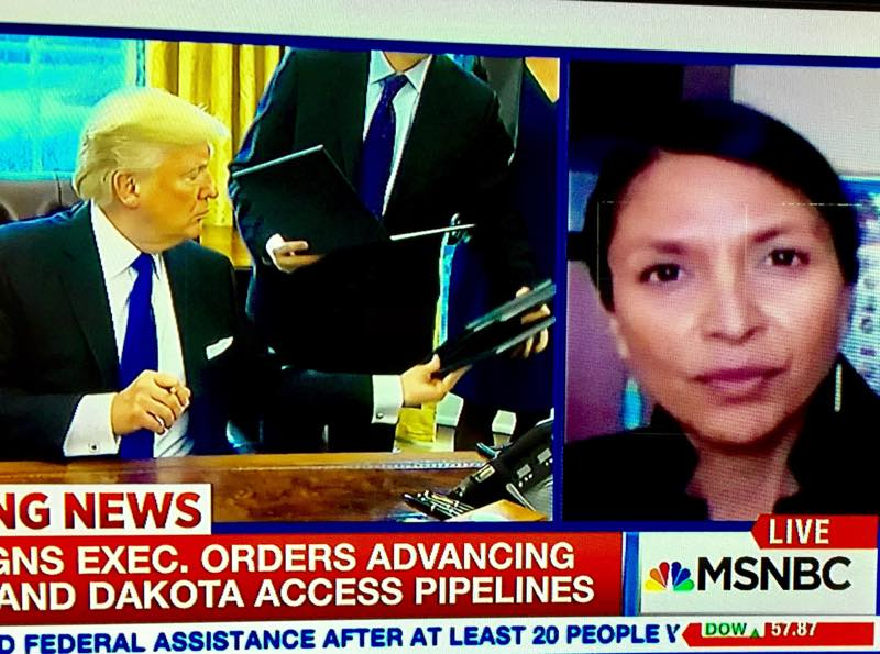 Journalist Jenni Monet speaks with MSNBC about the Dakota Access Pipeline. She was arrested Wednesday while on assignment for Indian Country Media Network. Released on bail, she still faces charges. (Credit: Indian Country Media Network)